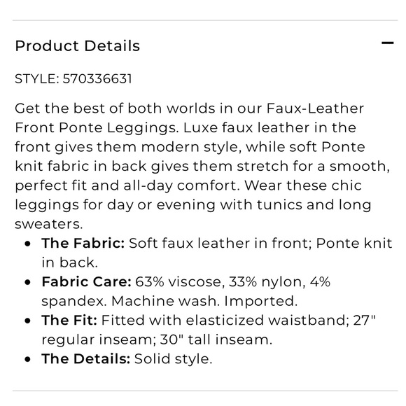 Chico’s Faux-Leather Front Ponte Black Leggings Size 4 (Chico’s 0) - Picture 5 of 15